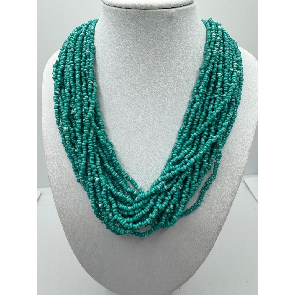 Turquoise White Multistrand Seed Bead Statement Necklace Silver Tone Hardware